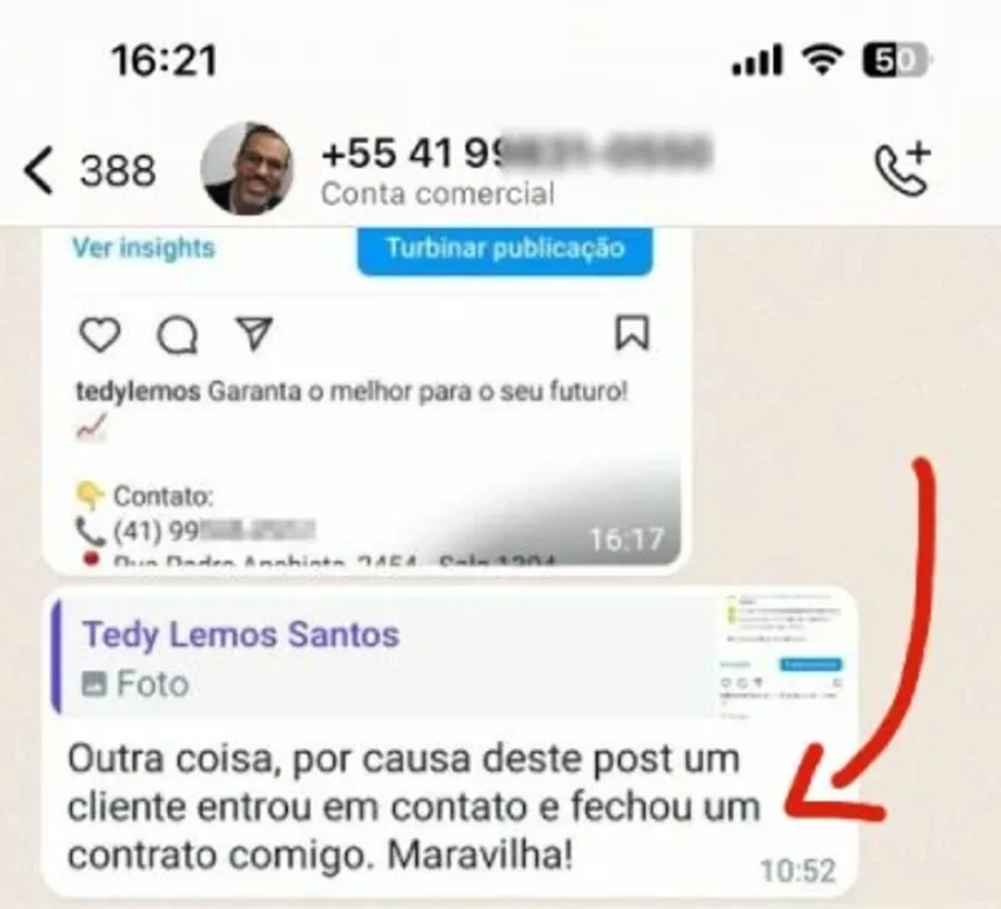 Depoimento de Tedy Lemos sobre contato gerado por uma publicação