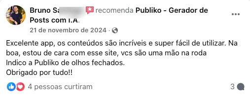 Depoimento com nome parcialmente anonimizado de cliente da Publiko