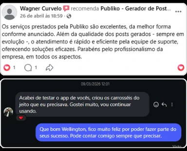 Depoimentos de Wagner e Wellington sobre a qualidade dos posts, o atendimento e os carrosséis da Publiko.