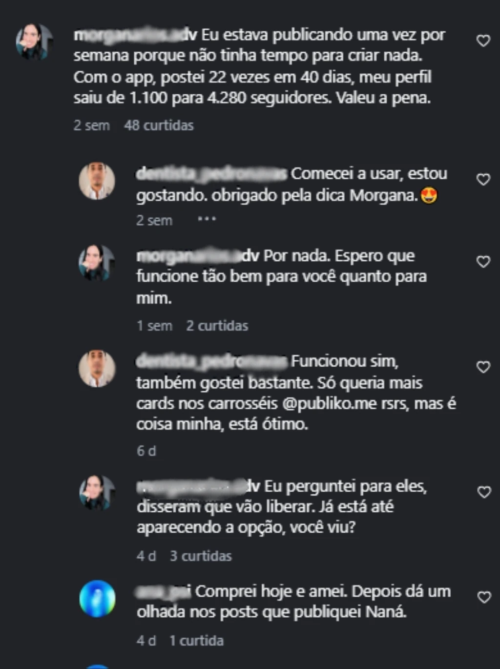Print de uma conversa entre usuários sobre frequência de publicação, crescimento do perfil e experiências com os carrosséis.