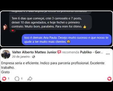 Ana Paula relata sua experiência com posts e agendamento. Valter recomenda a Publiko como parceira profissional.