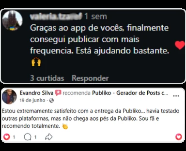 Relatos de uma usuária sobre publicar com mais frequência e de Evandro Silva sobre sua satisfação com a Publiko.