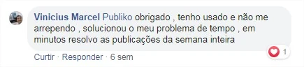 Vinicius Marcel agradece à Publiko e conta que resolve as publicações da semana em minutos.